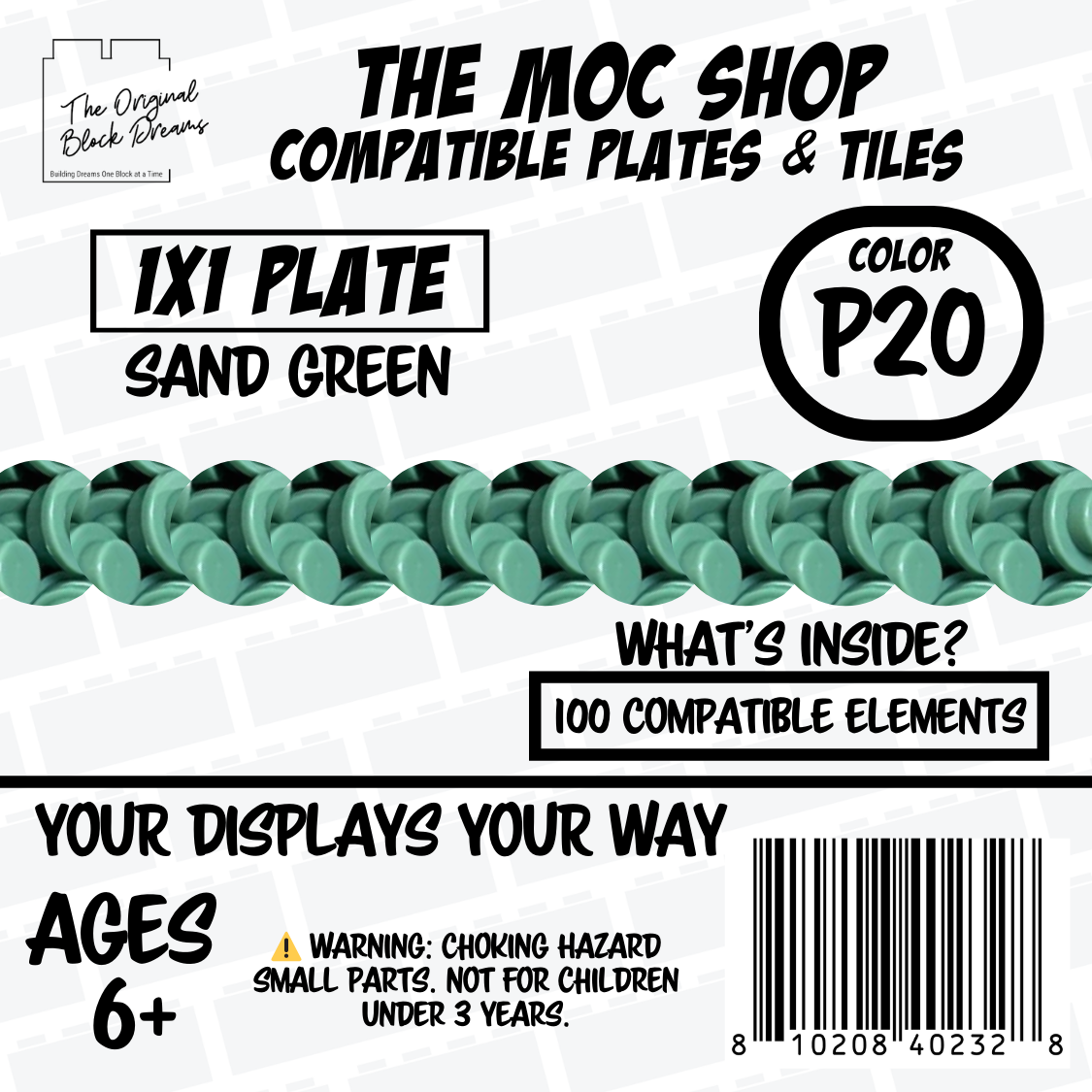 100x Sand Green LEGO® Compatible Round Plates - P20