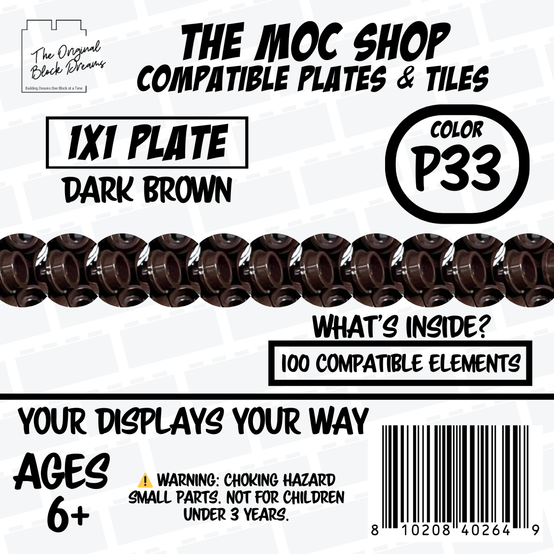 100x Dark Brown LEGO® Compatible Round Plates - P33